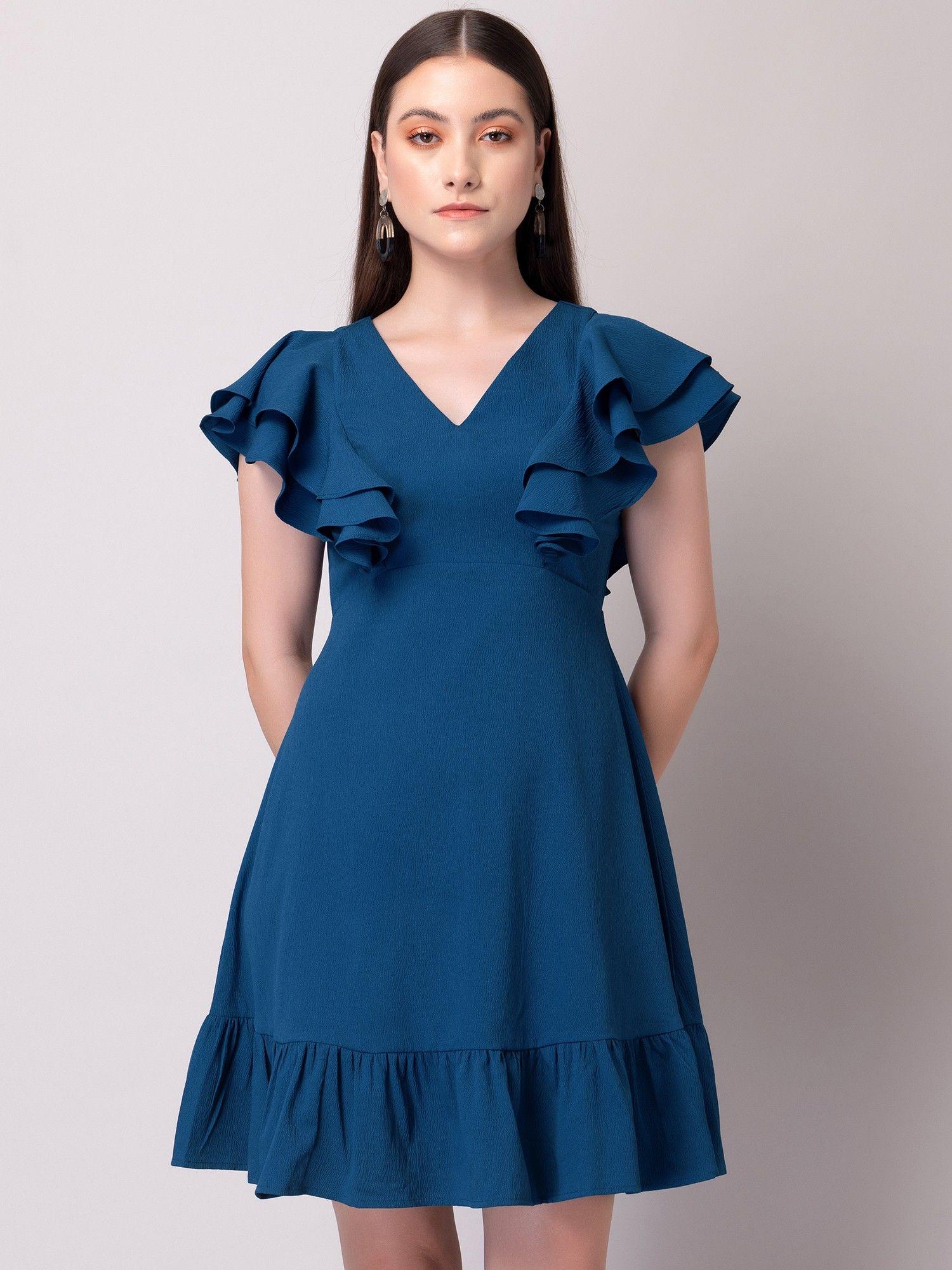 dark blue ruffled mini dress