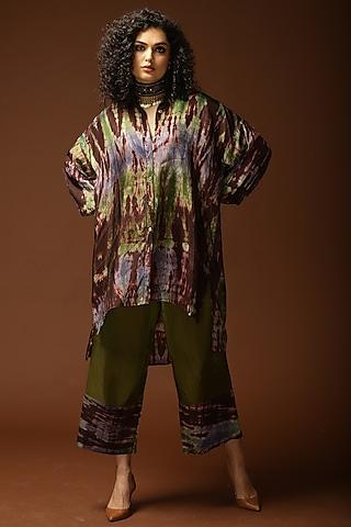 dark brown & olive green tie-dyed high-low tunic set