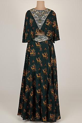 dark green embellished top with printed skirt
