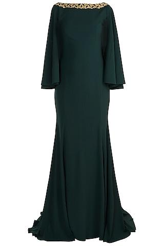 dark green embroidered fishtail gown with attached cape