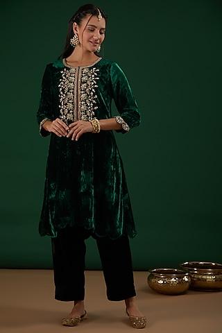 dark green embroidered tunic set