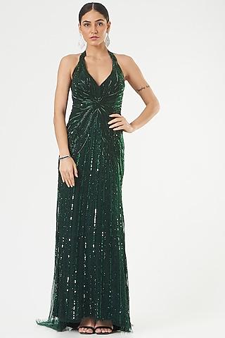 dark green gown with hand embroidery
