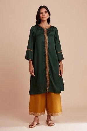 dark green modal satin embroidered kurta