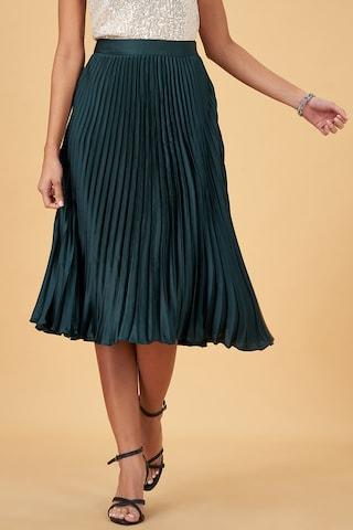dark green pleated calf-length formal women comfort fit  skirt