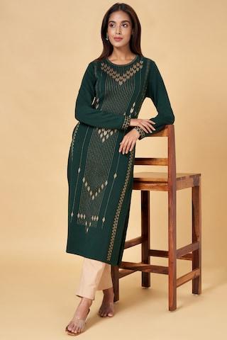 dark green self design calf-length  casual women regular fit  kurta
