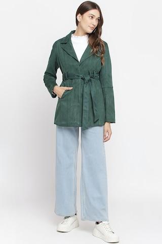 dark green solid casual full sleeves regular collar women regular fit overcoat