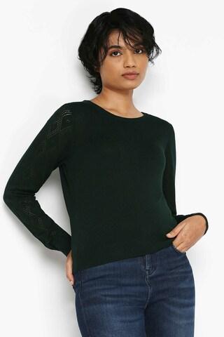 dark green solid casual full sleeves round neck women slim fit sweater
