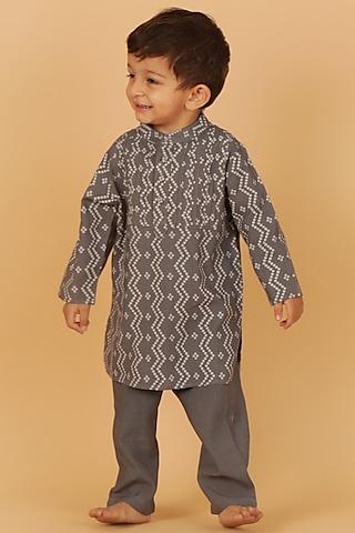 dark grey cotton bandhani printed kurta set for boys