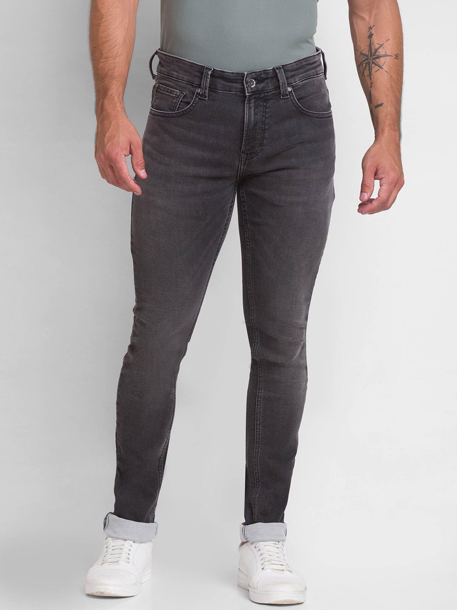dark grey cotton slim fit narrow length jeans for men (skinny)
