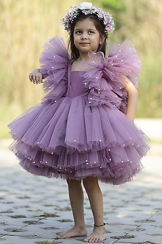 dark lavender silk & net pearl layered dress for girls