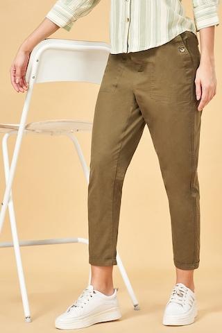 dark olive solid cotton women regular fit trousers