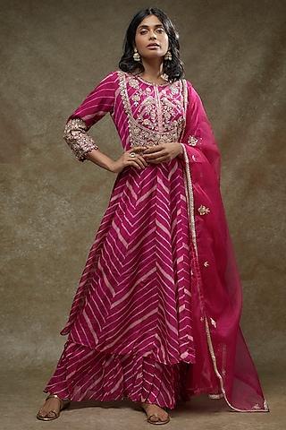 dark pink organza leheriya printed & zardosi embroidered kurta set