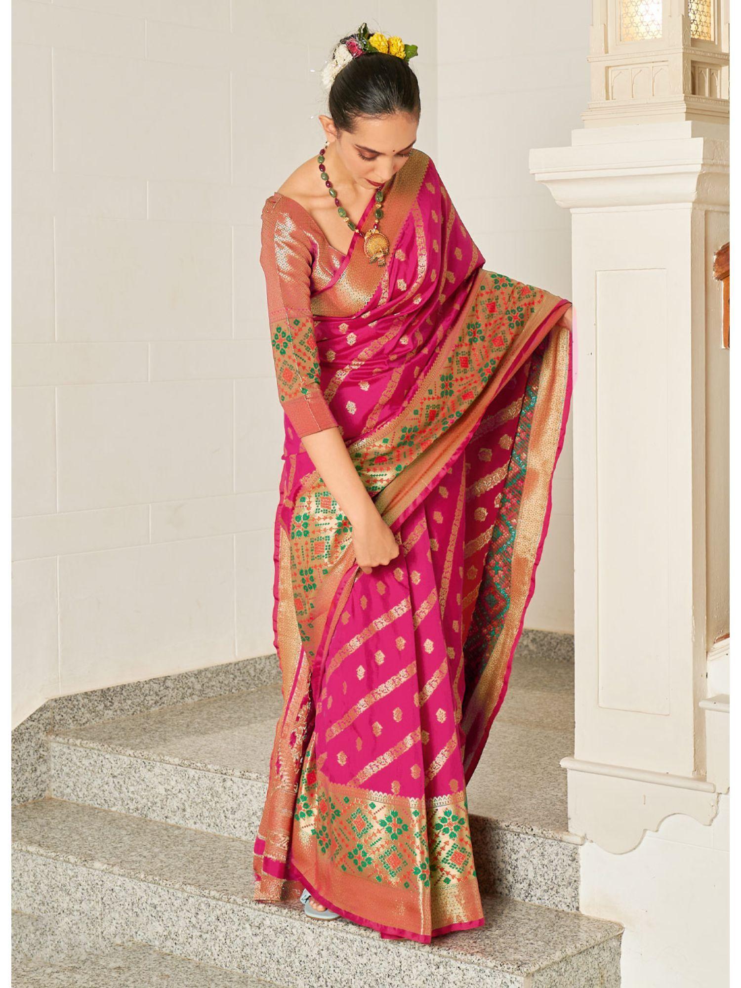 dark pink silk woven work traditional saree with unstitched blouse
