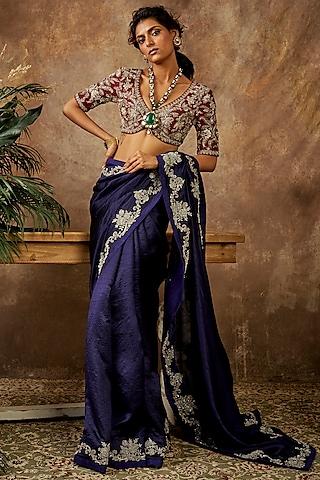 dark purple embroidered saree set