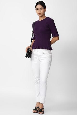 dark purple solid casual elbow sleeves round neck women regular fit top