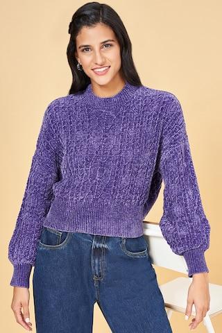 dark purple textured casual full sleeves round neck women comfort fit  sweater