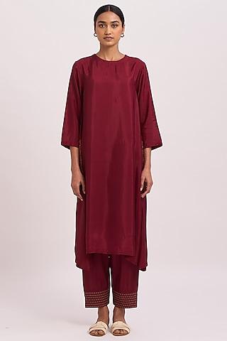 dark red embroidered kurta set
