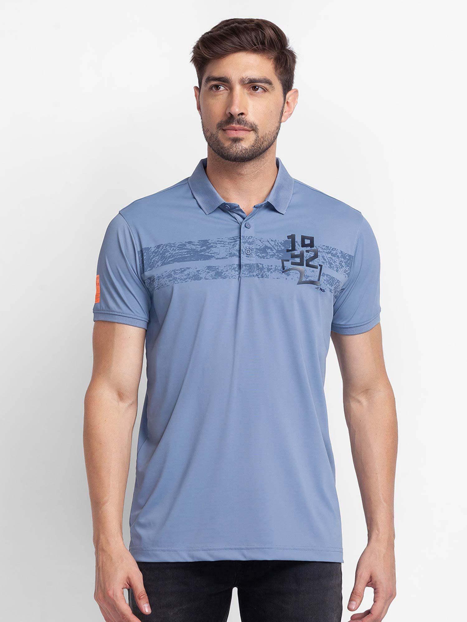 dark smoke blue cotton half sleeve printed casual polo t-shirt for men