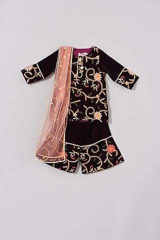 dark violet hand embroidered kurta set for girls