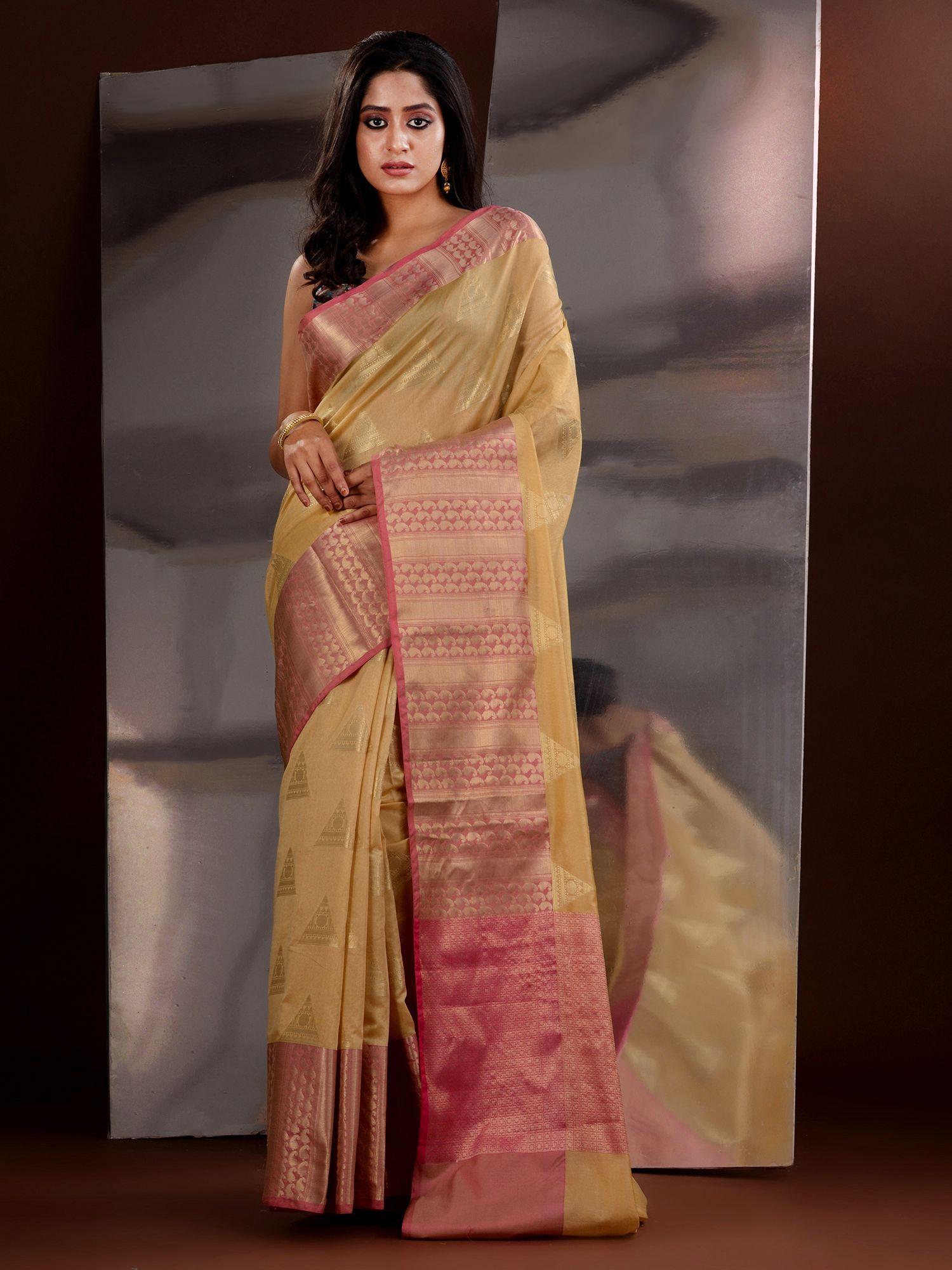 dark beige cotton silk handwoven saree with unstitched blouse