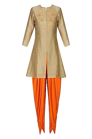 dark beige gota patti short kurta with rust orange dhoti pants