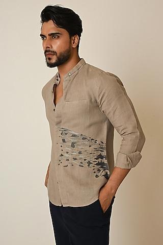 dark beige linen thread embroidered shirt