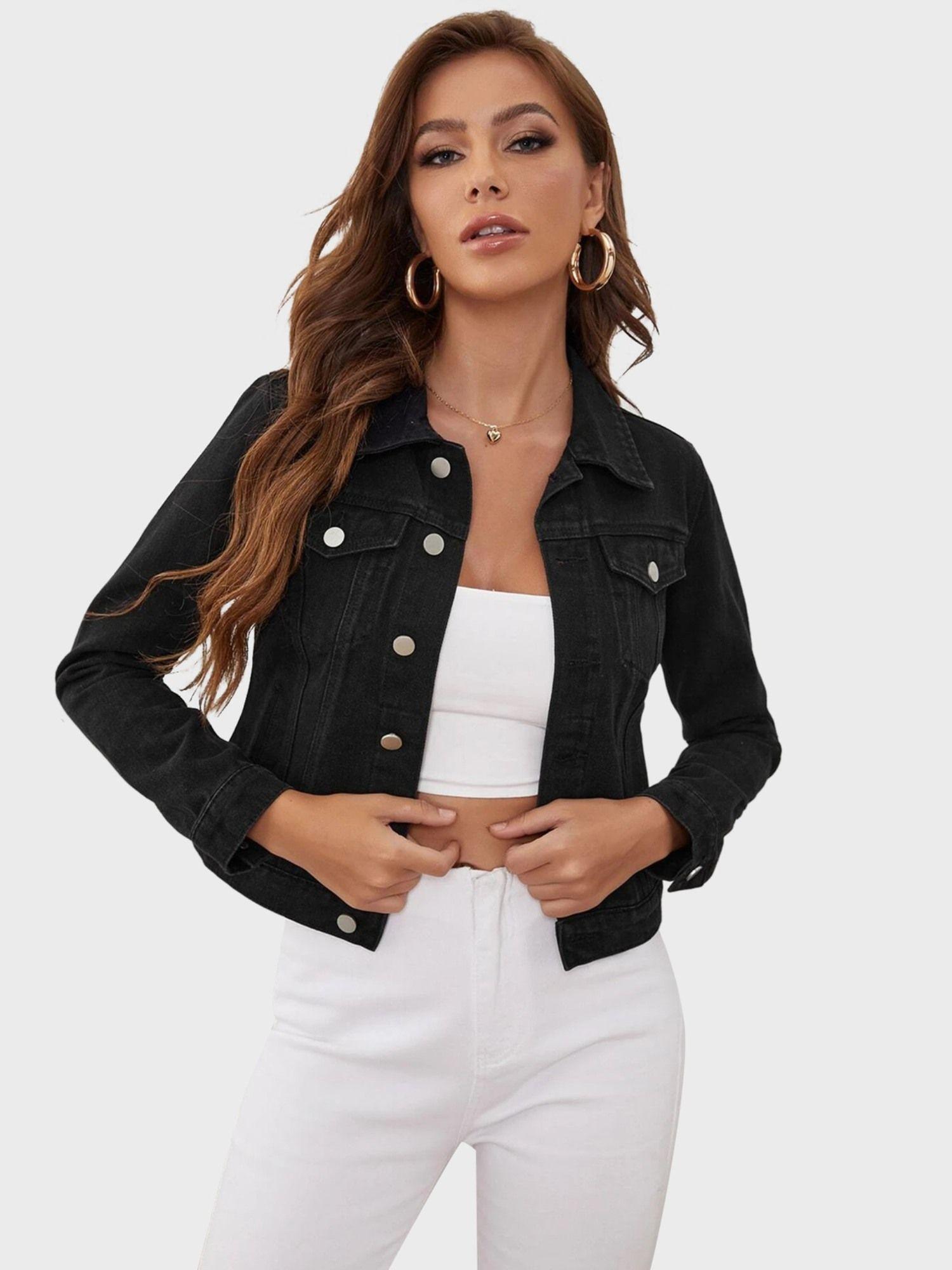 dark black solid regular women denim jacket