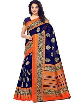 dark blue & orange  mysore silk saree