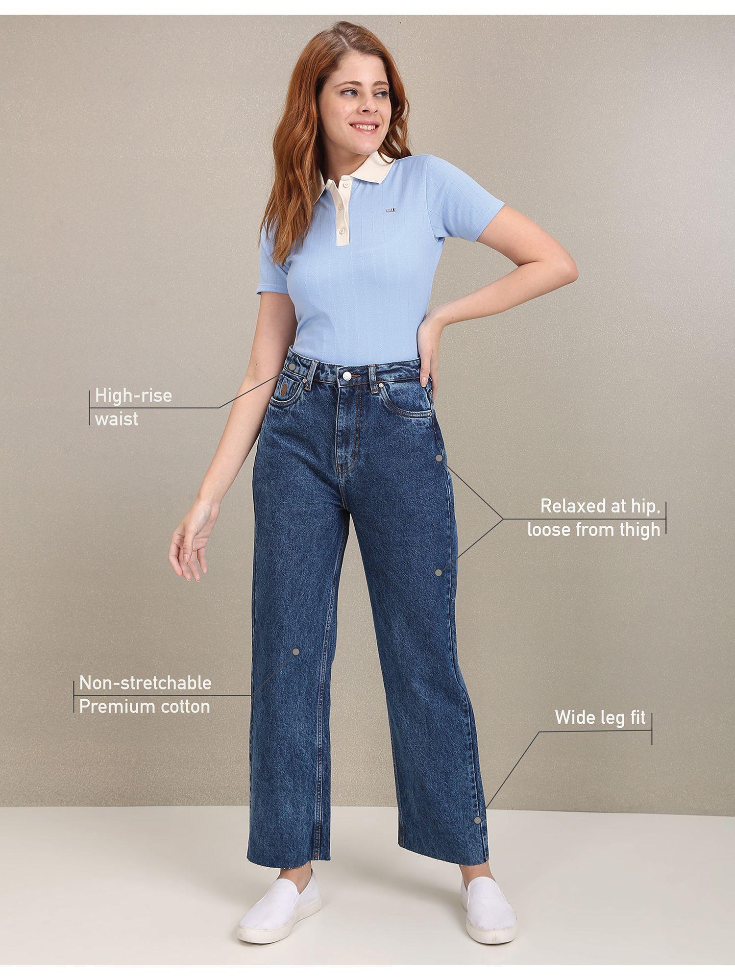 dark blue acid wash unfinished hem wide leg jeans