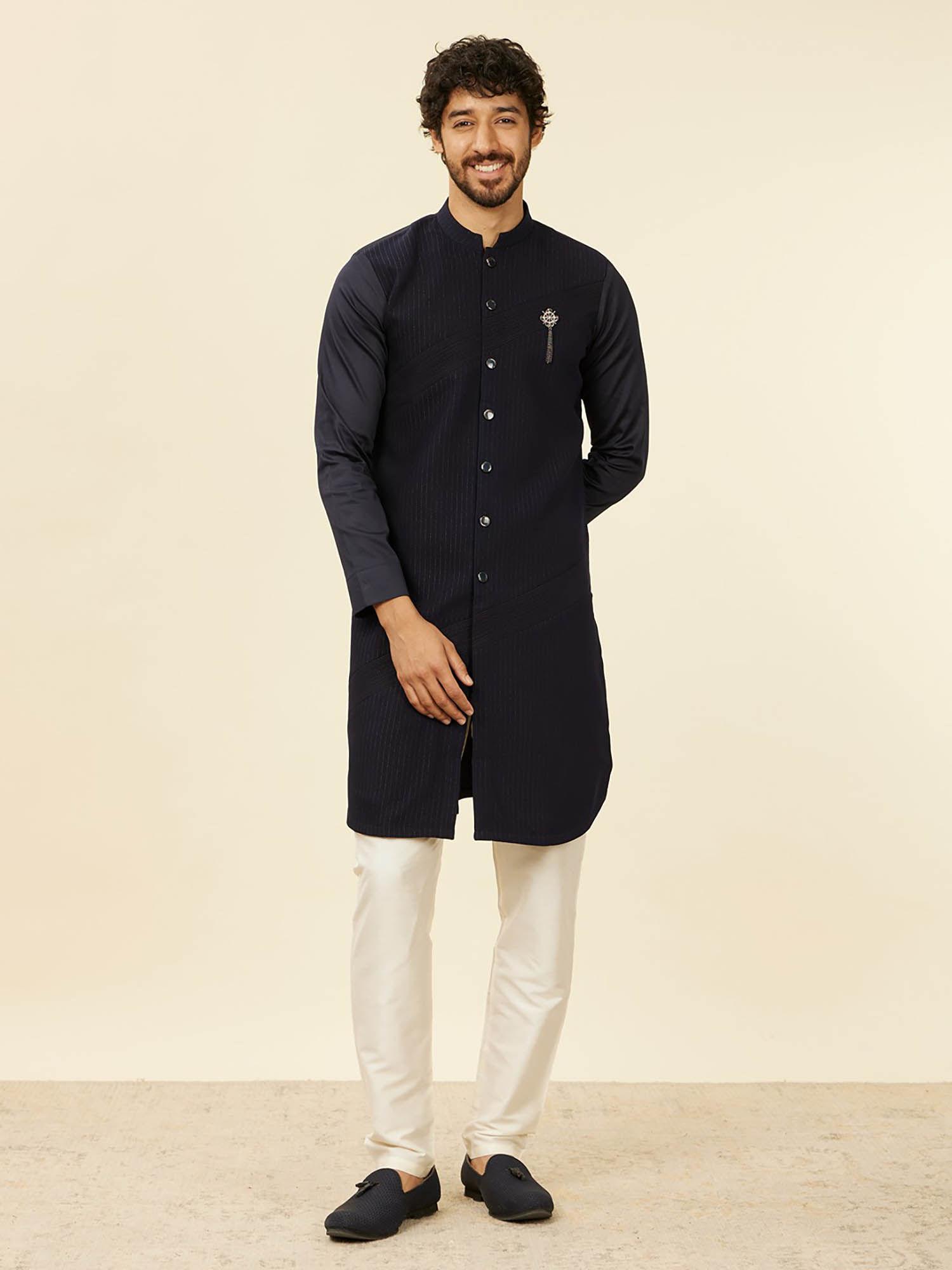 dark blue blended rayon embroidery zari weave kurta for men