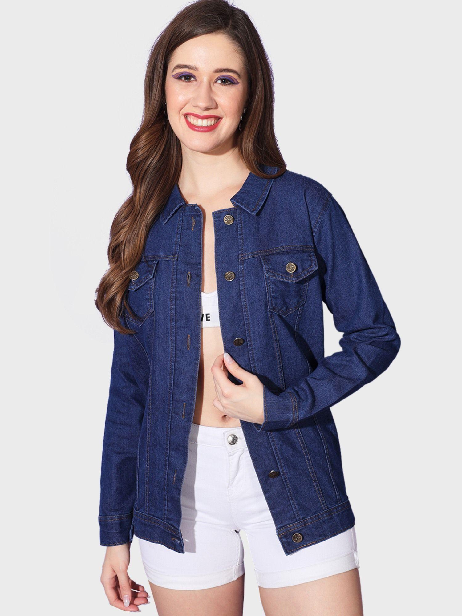 dark blue buttoned and collared women long denim jacket