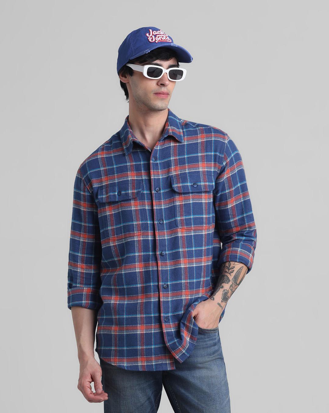 dark blue check cotton shirt