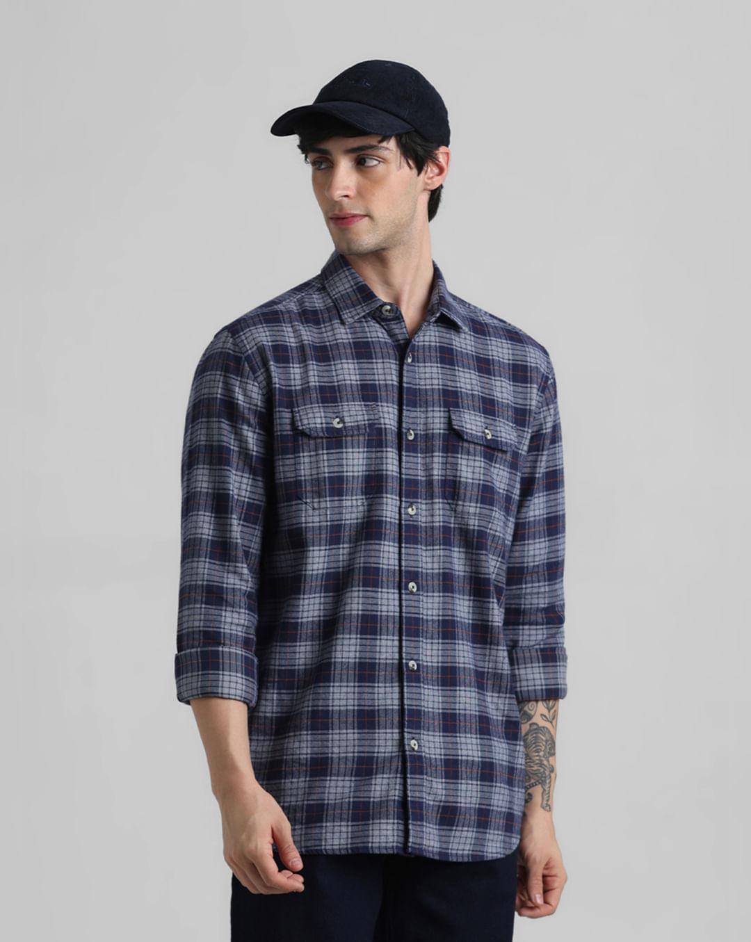 dark blue check print shirt