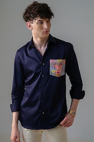 dark blue cotton embroidered shirt