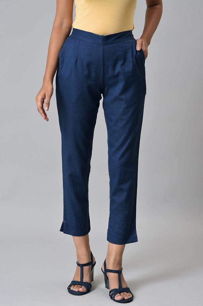dark blue cotton flax women trousers