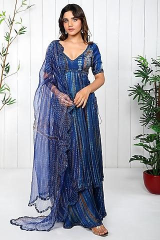 dark blue cotton satin anarkali set