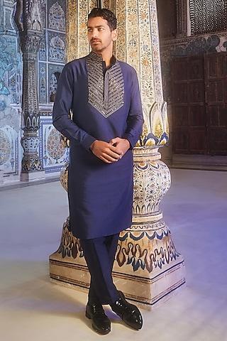 dark blue cotton silk metallic thread embroidered kurta