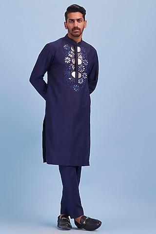 dark blue cotton silk thread embroidered kurta