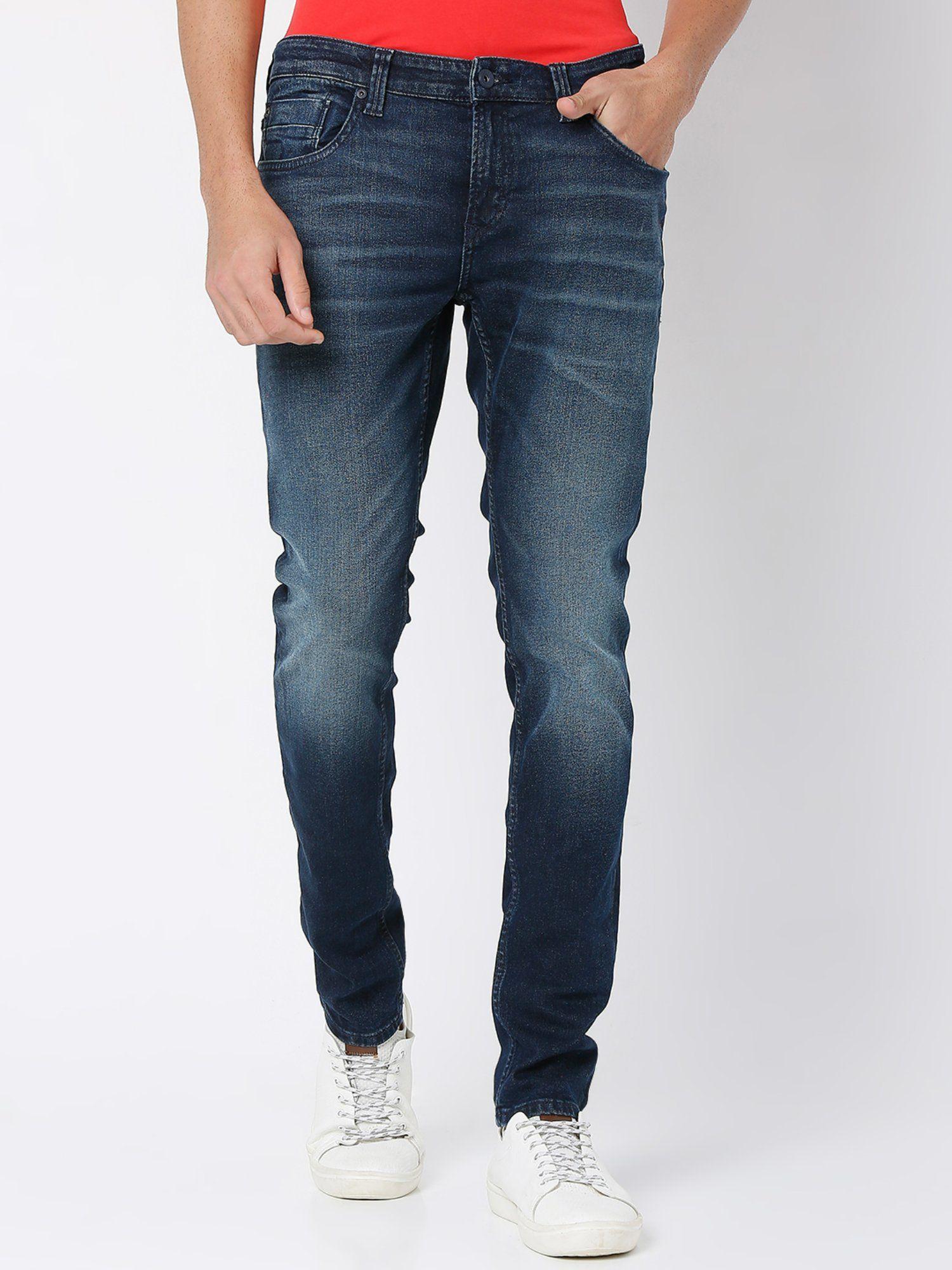 dark blue cotton slim fit narrow length jeans for men (skinny)