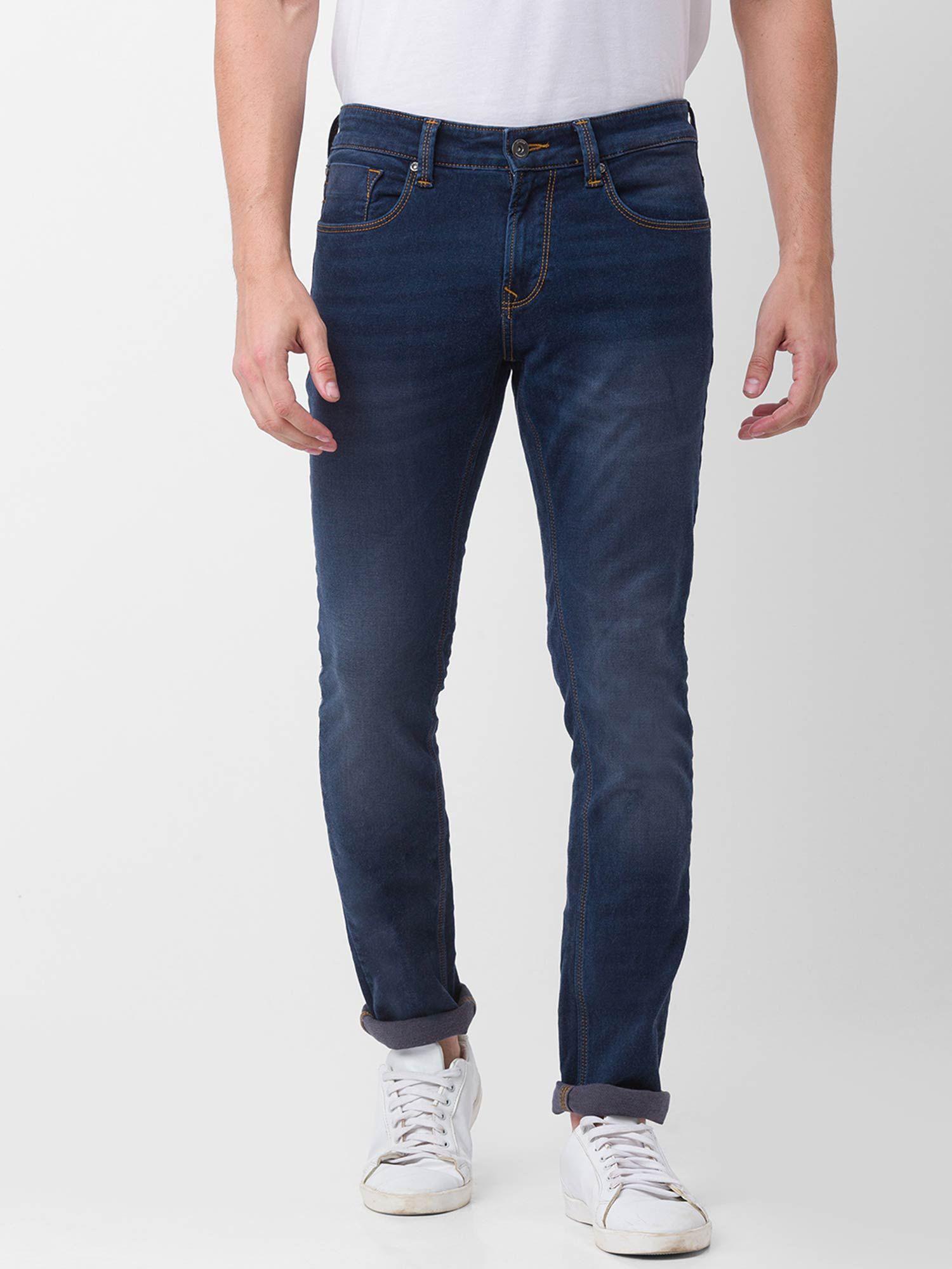 dark blue cotton slim fit narrow length jeans for men (skinny)