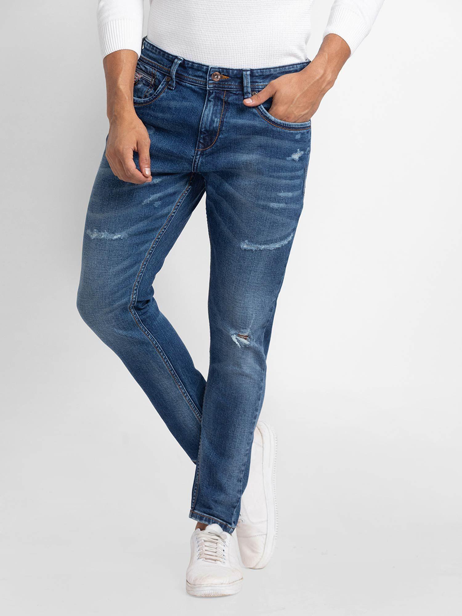 dark blue cotton slim fit tapered length jeans for men (kano)