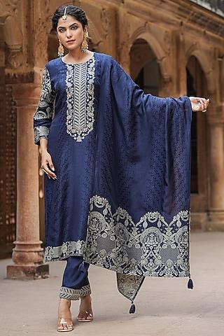 dark blue dola silk jacquard sequins embellished kurta set