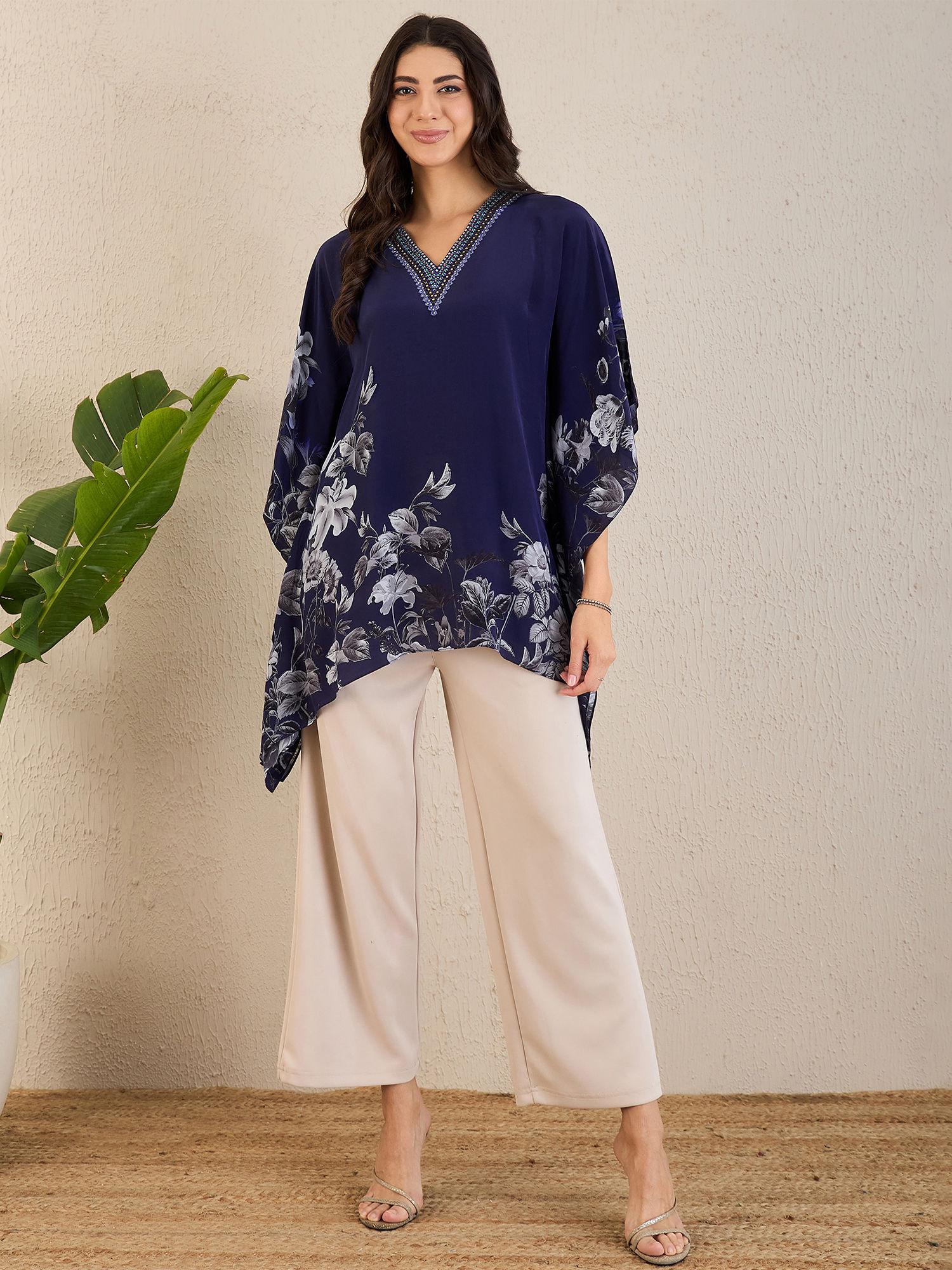 dark blue embellished floral kaftan top