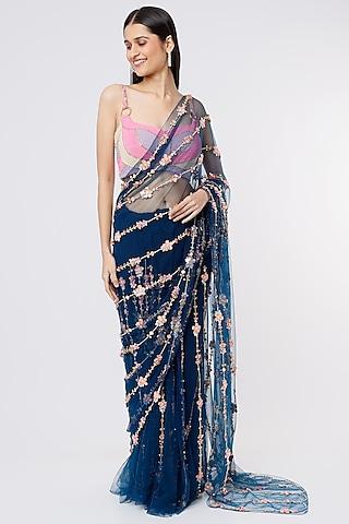 dark blue embellished pre-stitched saree set