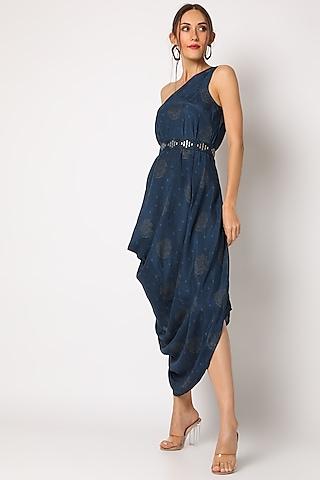 dark blue embroidered & printed dress