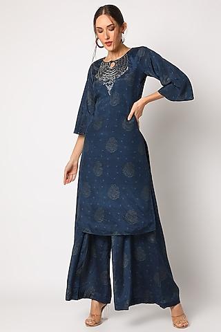 dark blue embroidered & printed pant set