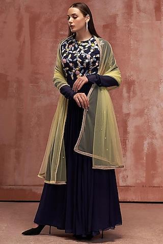 dark blue embroidered anarkali set