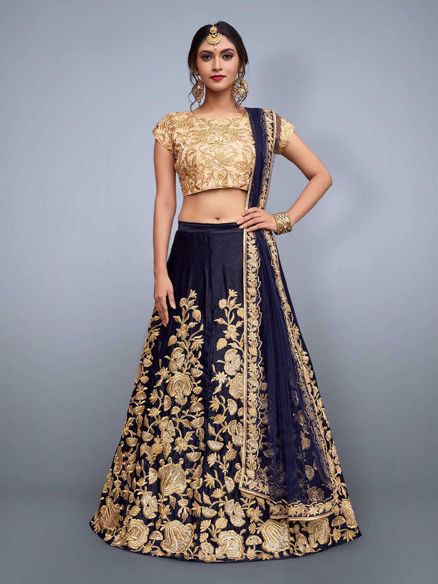 dark blue embroidered art silk semi stitched lehenga with unstitched blouse (set of 3)