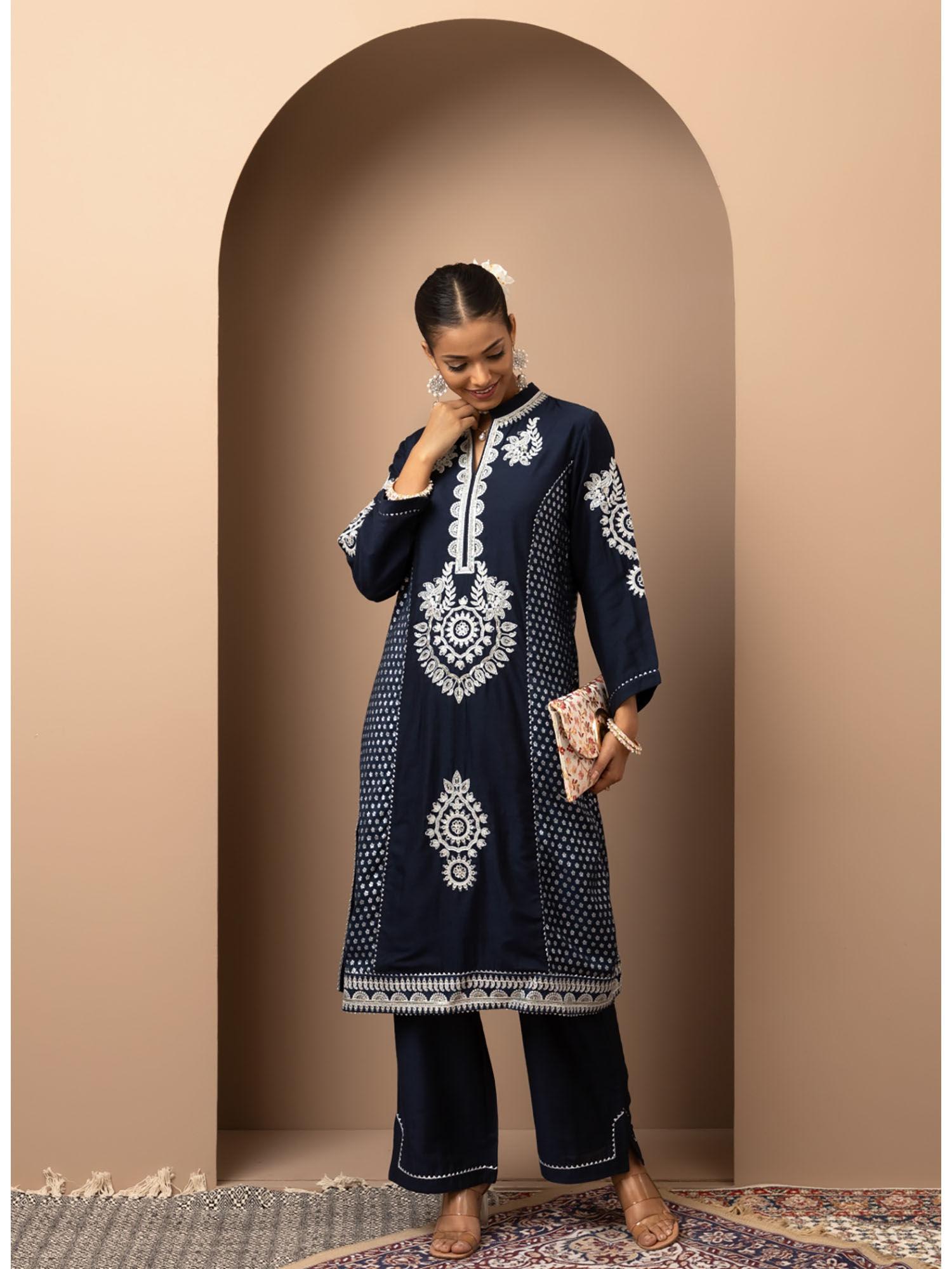 dark blue embroidered chanderi kurta & trouser with gota lace detailing (set of 2)