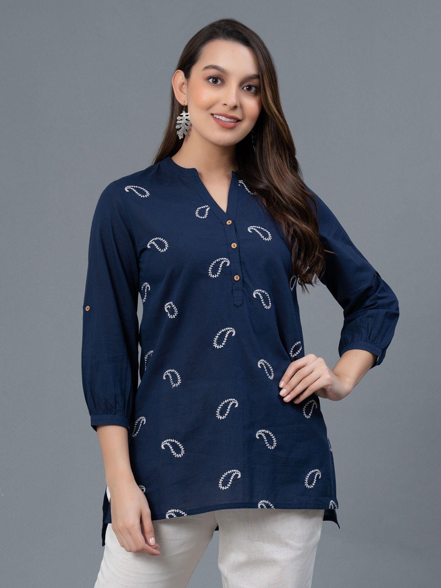 dark blue embroidered cotton womens blouse and top